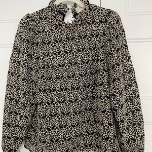 Sezane Black and Cream Floral Guipre Long-Sleeve Blouse